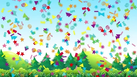 Colorful Geometric Shapes Falling Over Cartoon Forest Landscape Background Stock Footage 340382064