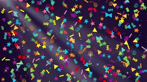 Colorful Geometric Shapes Falling Over Sparkling Purple Glitter Background Stock Footage 341308986