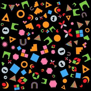 Colorful geometric shapes pattern on black background Stockillustratie
