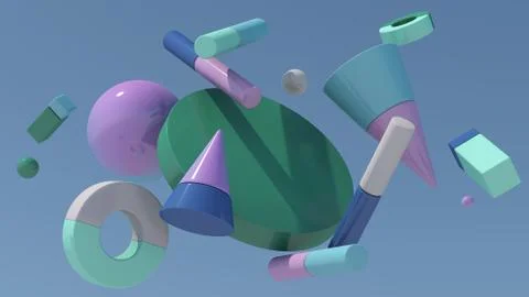 Colorful geometric shapes in the sky. Abstract illustration, 3d rendering. Stock Illustration
