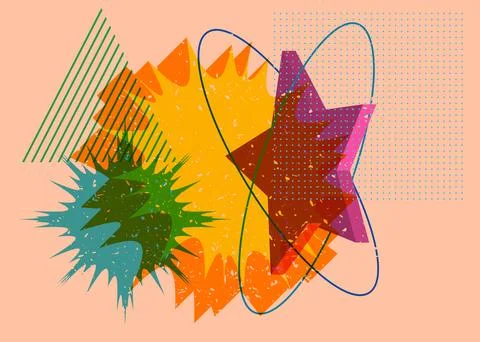 Colorful geometric shapes with speech bubble. Object in trendy riso graph d.. Stock Illustration