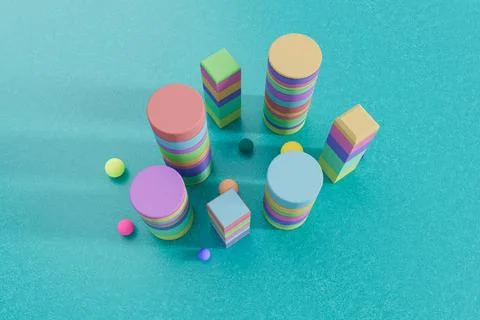 Colorful geometric stack arrangement on turquoise background Stock Illustration