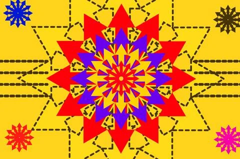Colorful Geometric Star Mandala With Red Arrows and Dashed Line Pattern on .. Stock Illustration