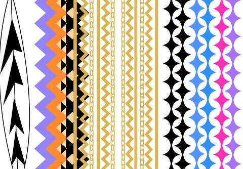 Colorful Geometric Tribal Border Patterns With Gold Chain Accents and Retro.. Illustrazione stock