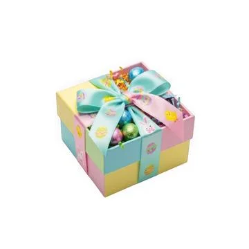 Colorful gift box filled with assorted chocolates and wrapped with a ribbon Stock Illustration