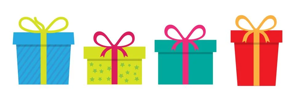 Colorful gift box vector set. Collection of presents with ribbons for birth.. Stock Illustration