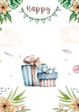 Colorful gift boxes and confetti on blue background. Birthday template Stock Illustration