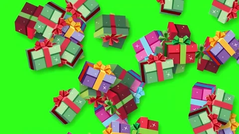 Colorful Gift Boxes Falling and Bursting on Green Screen Background Stock Footage 346569181