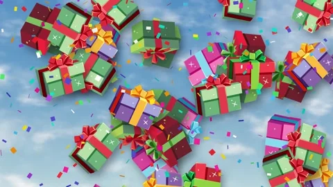 Colorful Gift Boxes Falling from the Sky with Confetti Animation Stock Footage 345124759