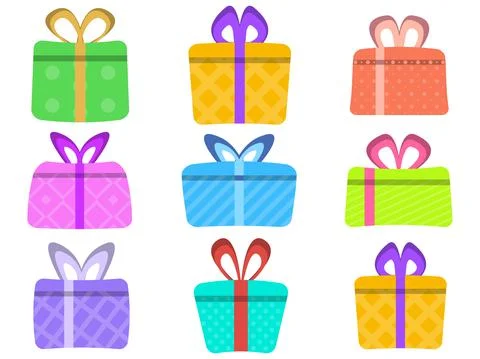Colorful gift boxes icon set isolated on white background. Gift boxes in flat Stock Illustration
