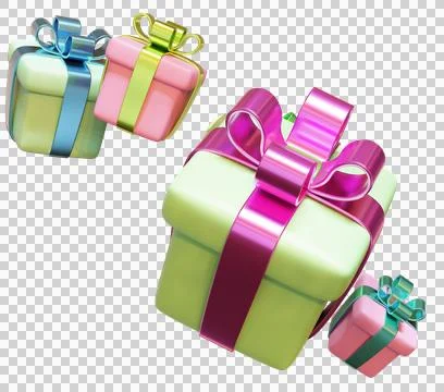 Colorful gift boxes with multi-colored bows on a transparent background. Stock-Illustration