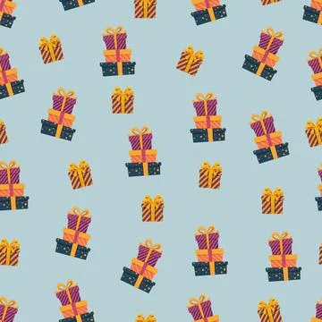 Colorful Gift Boxes Seamless Pattern on White Background. Bright festive wr.. 스톡 일러스트