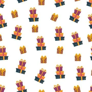 Colorful Gift Boxes Seamless Pattern on White Background. Bright festive wr.. Stock Illustration