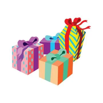 Colorful gift boxes on white background. Birthday template Stock Illustration