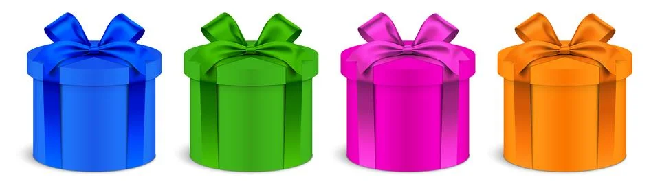 Colorful giftbox vector set. Round shape gift boxes with colorful ribbons Stock-Illustration