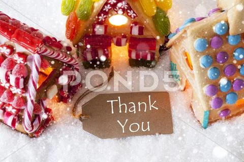 Colorful Gingerbread House, Snowflakes, Text Thank You Stock Photos