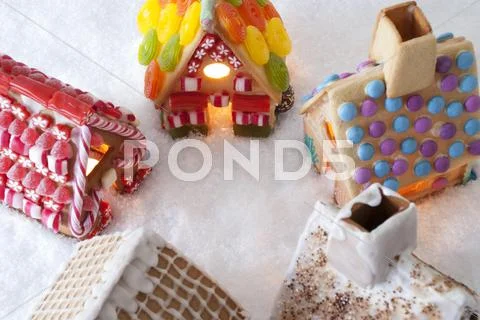 Colorful Gingerbread Houses, Snow, Copy Space Stock Photos