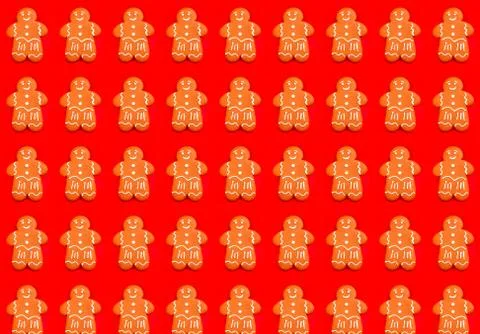 Colorful Gingerbread man pattern on bright red festive background. Seamless p Stock Photos