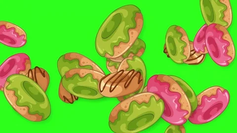 Colorful Glazed Donuts Falling and Bouncing on Green Screen Background Stock Footage 344936722