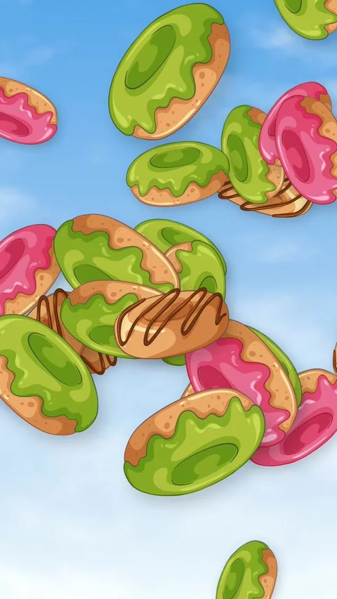 Colorful Glazed Donuts Falling Through a Bright Blue Sky Stock Footage 343831050
