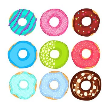 Colorful glazed donuts with various toppings pattern Stock Illustration