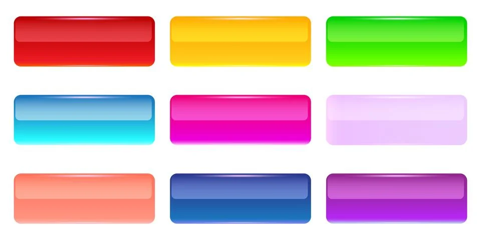 Colorful glossy web buttons vector set. 3D rounded rectangular glass banners 스톡 일러스트