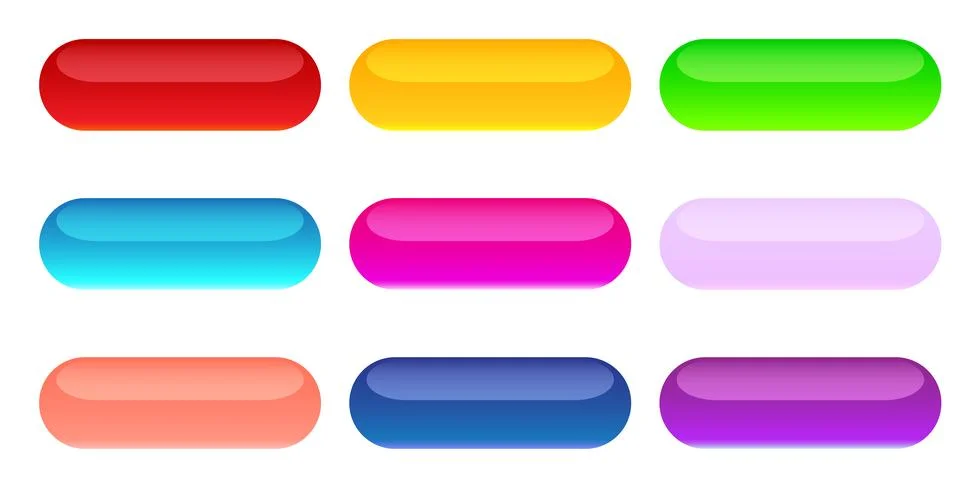 Colorful glossy web buttons vector set. 3D pill shaped oval glass badges 스톡 일러스트