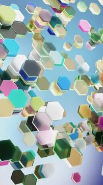 Colorful glowing 3D hexagons floating in abstract futuristic digital space Stock Illustration