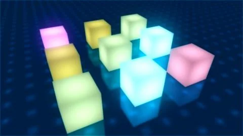 Colorful glowing cube box with reflection of shadows on ground surface, 3D re Stock Illustration