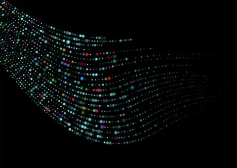Colorful glowing dots forming dynamic wave pattern on black background Illustrazione stock