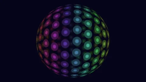 Colorful glowing dots sphere rotating on dark background, abstract disco light Stockbeeldmateriaal 330063365