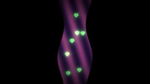 Colorful glowing hearts moving in a pattern through a dark Stock Footage 338292696