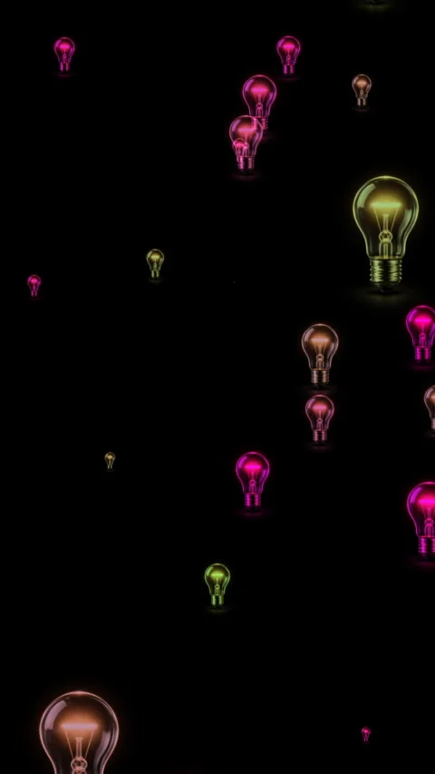 Colorful Glowing Light Bulbs Floating on Black Background Representing Idea.. Stock Footage 337738347