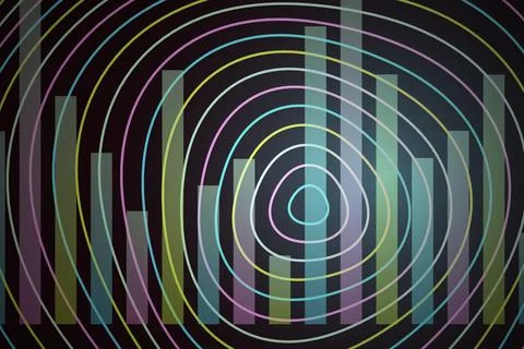 Colorful glowing light waves with circular patterns in dark Stock Photos