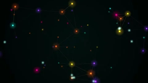 Colorful glowing network nodes connected by thin lines float against a dark Stock Footage 348628571
