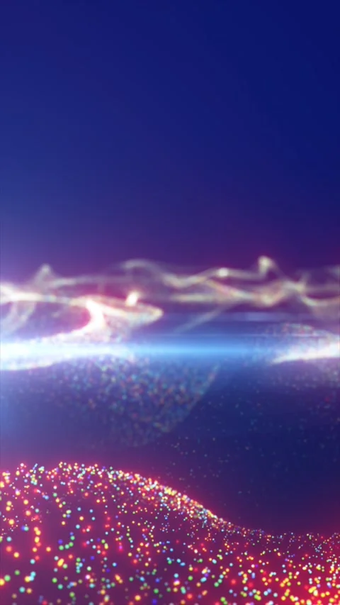 Colorful glowing particles form flowing digital waves across a purple and b.. 库存影片 337908167