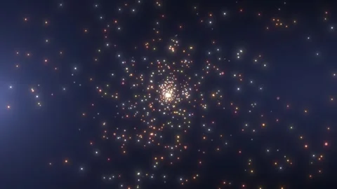 Colorful glowing particles spreading in space forming a cosmic star cluster w 库存影片 331032398