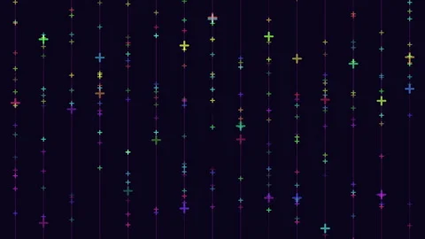 Colorful glowing plus symbols falling on dark background, abstract data stream Stock Footage 333140768