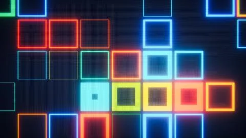 Colorful glowing square pixels creating a mosaic pattern on a dark retro digital Stock Illustration