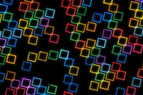 Colorful glowing squares pattern on black background Stock Photos