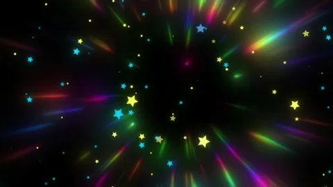Colorful glowing stars background with light rays and festive bokeh particles. Stock Footage 342895824