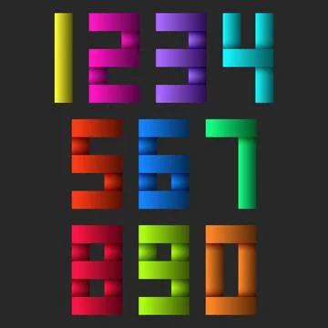 Colorful gradient 3D geometric numbers set from 0 to 9 on dark background, .. Stock Illustration
