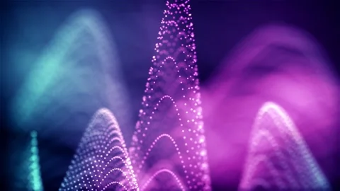 Colorful gradient particles form a wave. Bokeh animation. Glowing background. Stock Footage 318721867