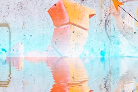 Colorful graffiti wall with reflection in water Ilustración de archivo