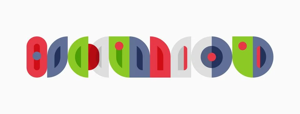 Colorful graphic design features repeating oval shapes. Letters form word, Illustrazione stock