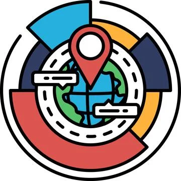 A colorful graphic of a globe with a red dot on it Stock Illustration