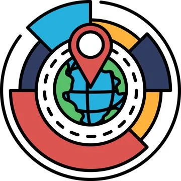 A colorful graphic of a globe with a red dot on it Stock Illustration