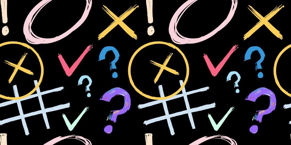 Colorful graphic pattern with crosses, notes, and question marks on a dark 스톡 일러스트