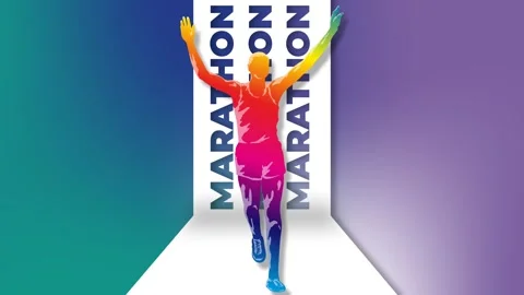 Colorful Graphic Runner Crossing Marathon Finish Line Victory Banner. Stock Footage 344597053