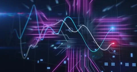 Colorful graphs and data lines image over dark background with grid patterns Illustrazione stock